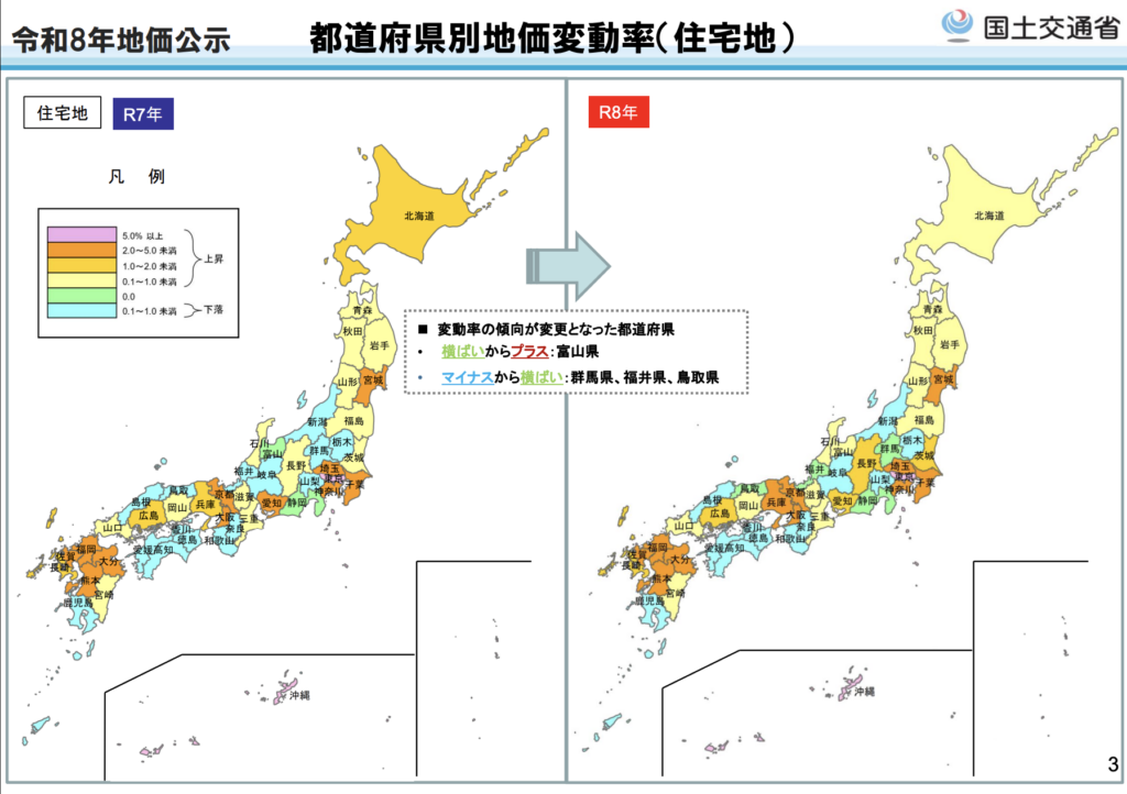 国土交通省『令和8年地価公示の概要』令和８年地価公示　都道府県別地価変動率（住宅地）